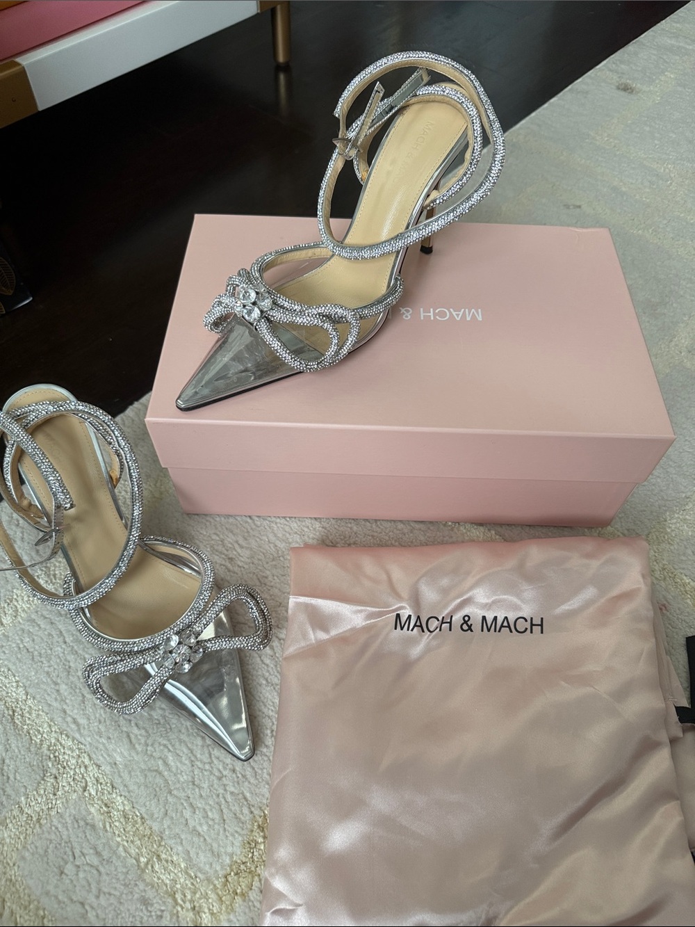 MACH & MACH Silver Crystal Bow Pointed Toe Heels